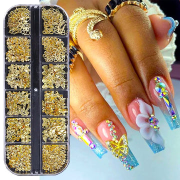 Gold nail art charms mix in storage case with rhinestone butterfly and 3D flower acrylic nail design