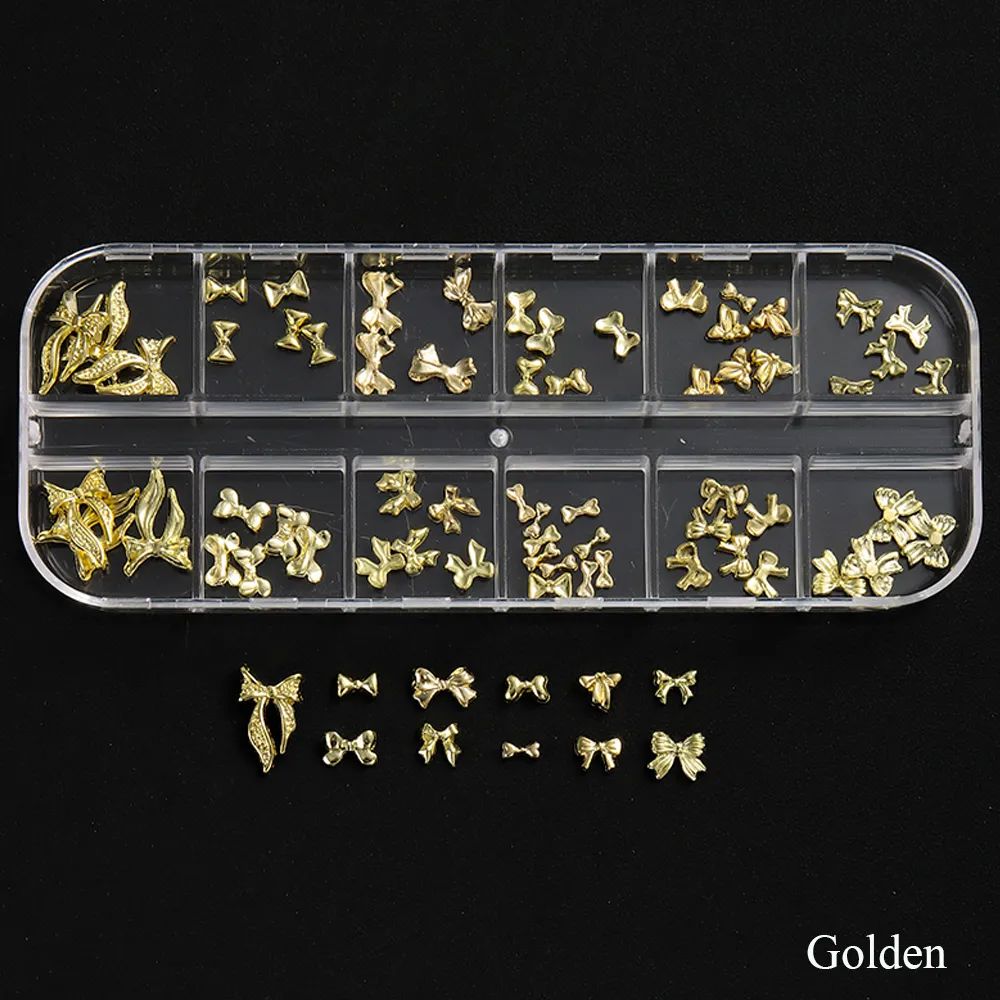 Gold bow nail art charms assortment in clear storage tray, 3D metal nail decorations (golden)