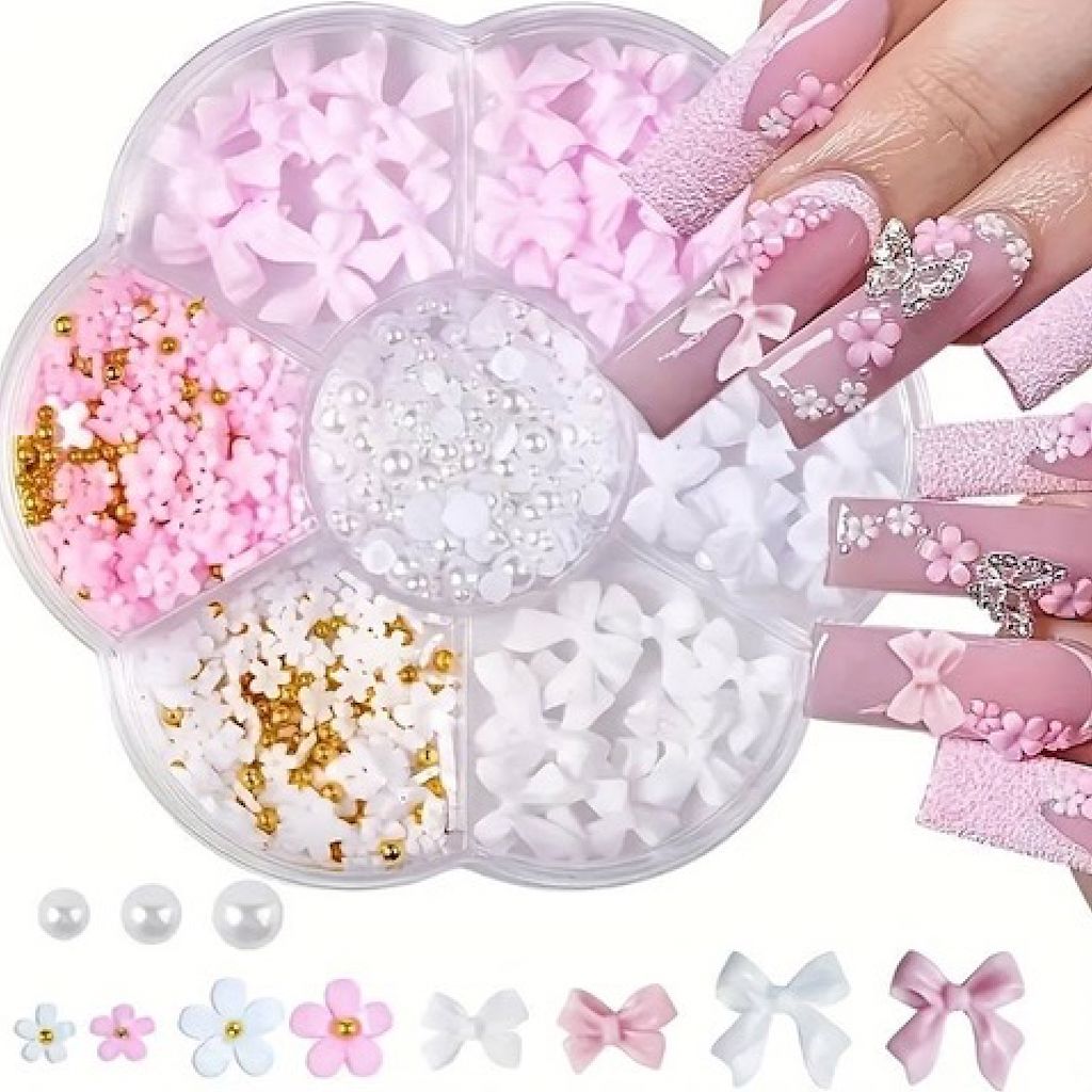 Bows and flowers 3D nail art charms — assorted pink and white bows, daisy shapes, pearls and gold beads in wheel case for DIY gel or acrylic nails
