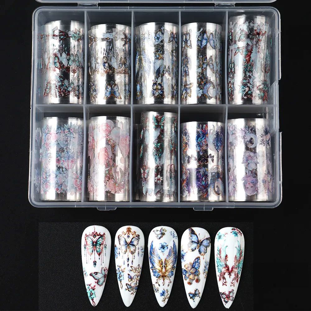 10-roll butterfly & floral nail transfer foil set in storage box – holographic decal wraps for gel polish, acrylic and press-on nails