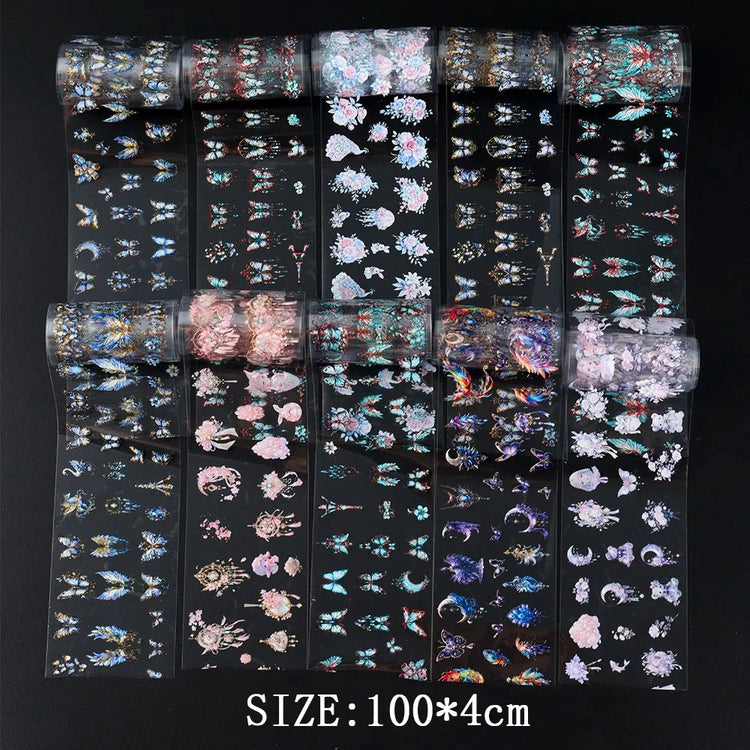 Nail art transfer foil set (10 rolls) — butterflies and floral designs, 100×4cm rolls