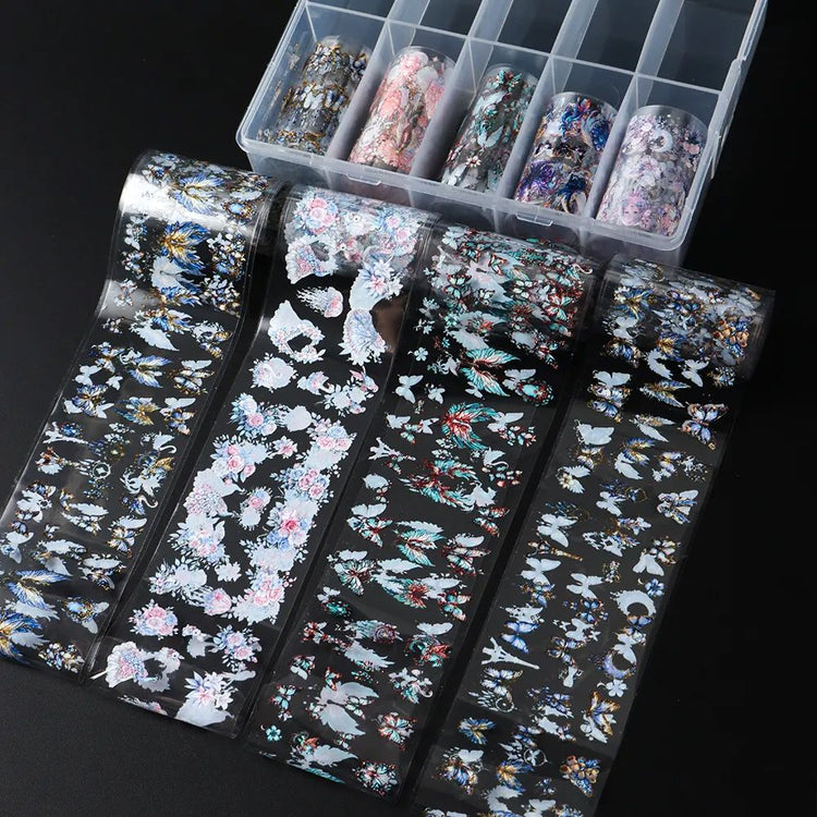 Butterfly and floral nail transfer foil set (10 rolls) — assorted holographic foil rolls with organiser box and foil sheets