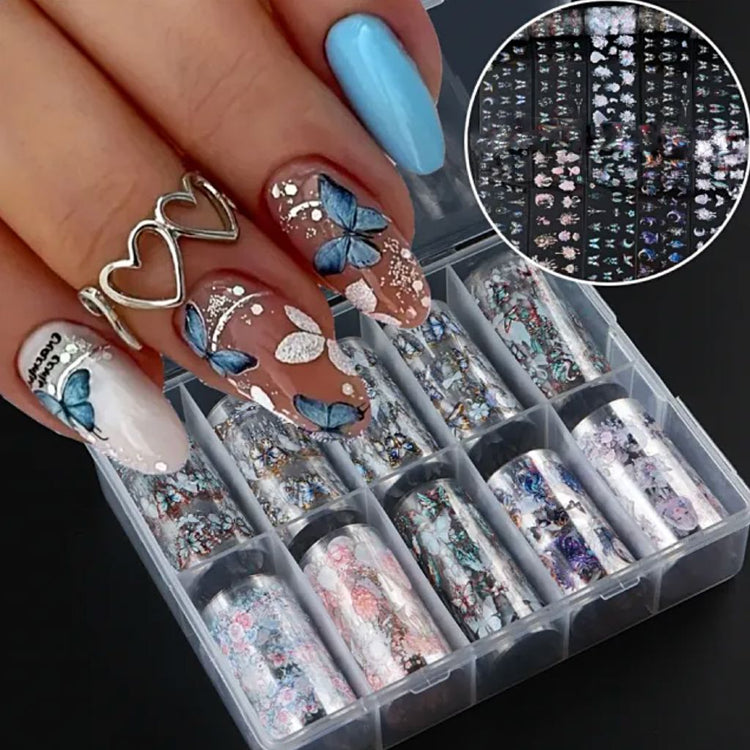 Butterfly and floral nail transfer foil set (10 rolls) — holographic nail art foils in storage box with butterfly manicure example
