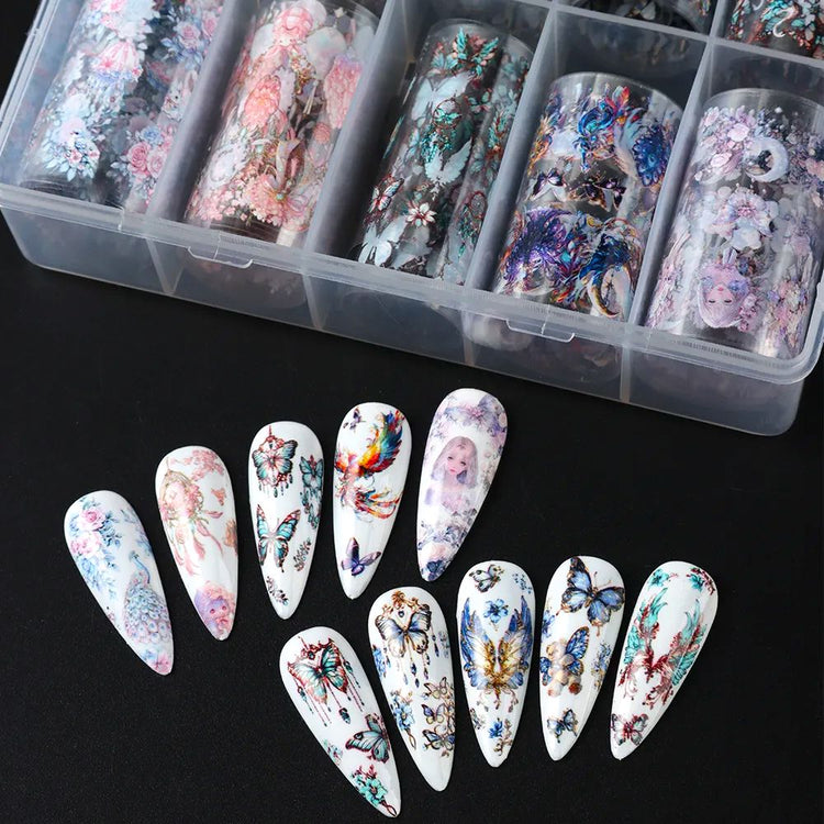 Butterfly and floral nail transfer foil set (10 rolls) — organiser box with assorted foil rolls and sample nail tip designs