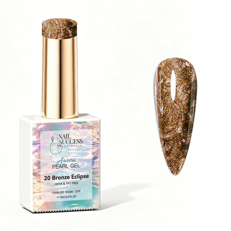 Nail Success Australia Aurora Pearl Gel in Bronze Eclipse, shown with bronze pearl shimmer swatch and glossy soak-off gel polish finish