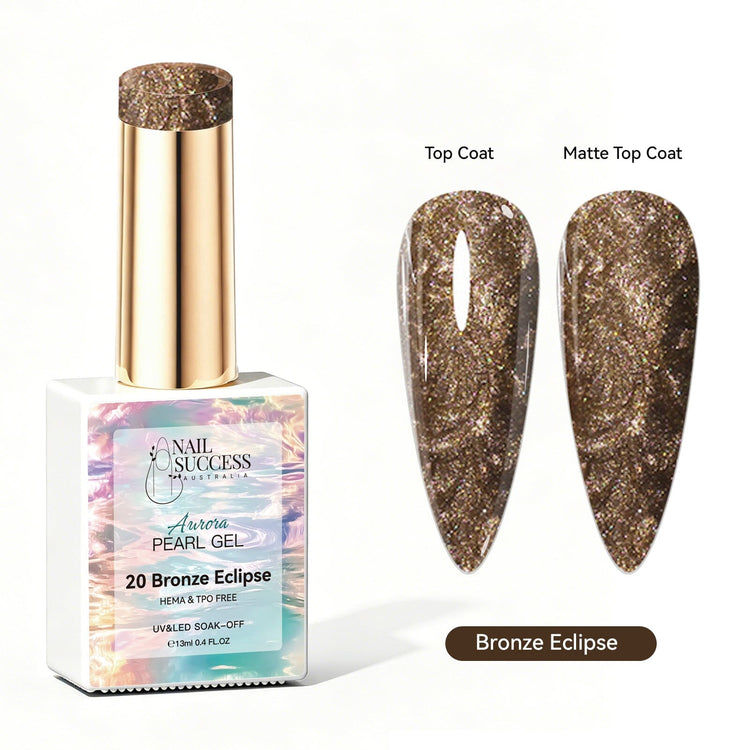 Nail Success Australia Aurora Pearl Gel in Bronze Eclipse, shown with glossy and matte bronze pearl shimmer swatches for soak-off gel polish manicures