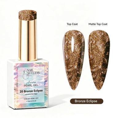 Nail Success Australia Aurora Pearl Gel in Bronze Eclipse, shown with glossy and matte bronze pearl shimmer swatches for soak-off gel polish manicures