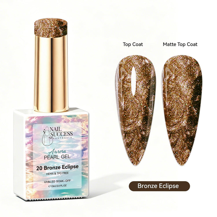 Nail Success Australia Aurora Pearl Gel in Bronze Eclipse, shown with glossy and matte bronze pearl shimmer swatches for soak-off gel polish manicures