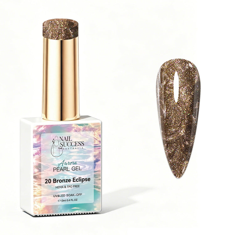 Nail Success Australia Aurora Pearl Gel in Bronze Eclipse, shown with bronze pearl shimmer swatch and glossy soak-off gel polish finish