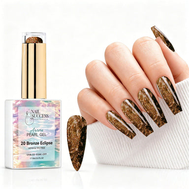 Bronze Eclipse aurora pearl gel polish with bronze brown pearl shimmer swatch and matching manicure for HEMA and TPO free salon nails