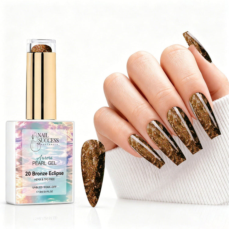 Bronze Eclipse aurora pearl gel polish with bronze brown pearl shimmer swatch and matching manicure for HEMA and TPO free salon nails