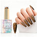 Bronze Eclipse aurora pearl gel polish with bronze brown pearl shimmer swatch and matching manicure for HEMA and TPO free salon nails