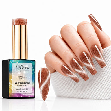 Bronze Ember HEMA- and TPO-free Diamond Cat Eye Gel Polish with matching bronze magnetic manicure and nail swatch – Nail Success Australia