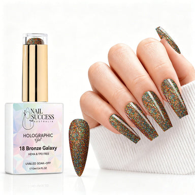 Bronze Galaxy holographic gel polish with bronze multicolour glitter swatch and matching manicure for HEMA and TPO free salon nails