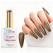 Bronze Galaxy holographic gel polish with bronze multicolour glitter swatch and matching manicure for HEMA and TPO free salon nails