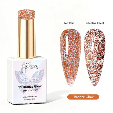 Nail Success Australia Bronze Glow reflective glitter gel polish with top coat and reflective effect swatches