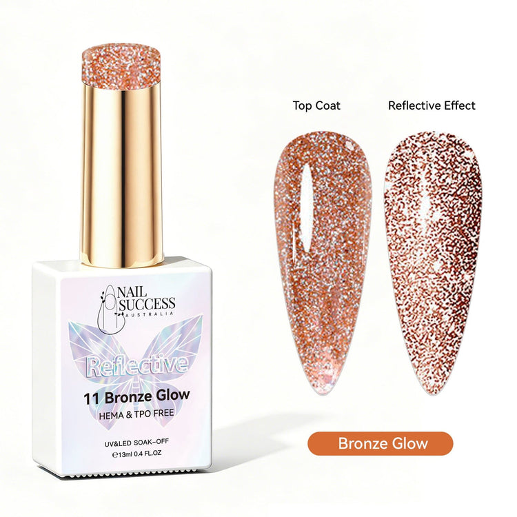 Nail Success Australia Bronze Glow reflective glitter gel polish with top coat and reflective effect swatches