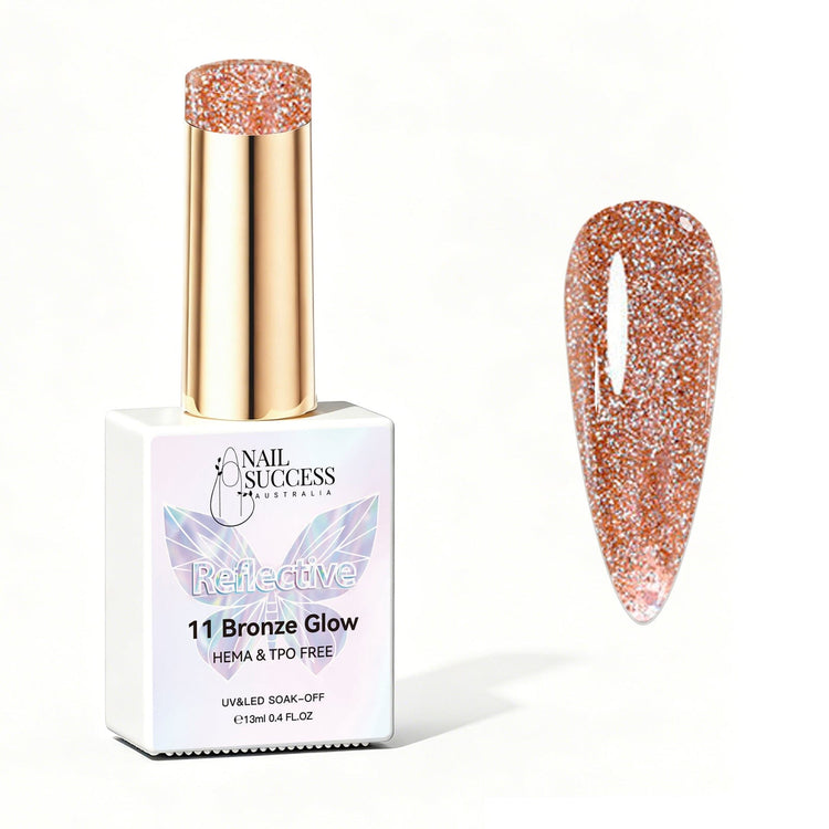Nail Success Australia Bronze Glow reflective glitter gel polish bottle with glossy bronze nail colour swatch