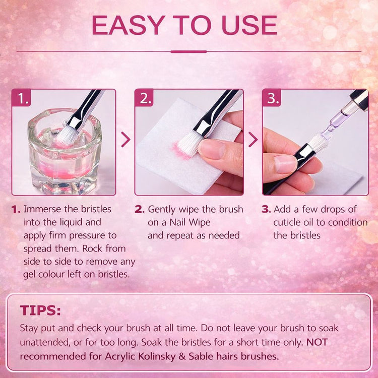 How to use nail brush cleaner—soak bristles, wipe on nail wipe, then condition with cuticle oil (step-by-step guide)