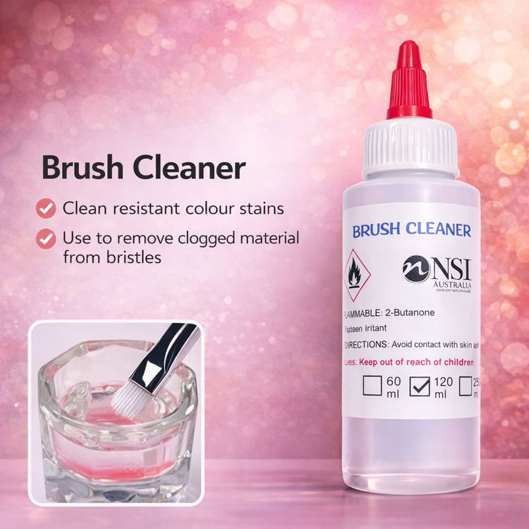 NSI Australia Brush Cleaner 120ml – nail brush cleaning solution that removes clogged product and colour stains from bristles