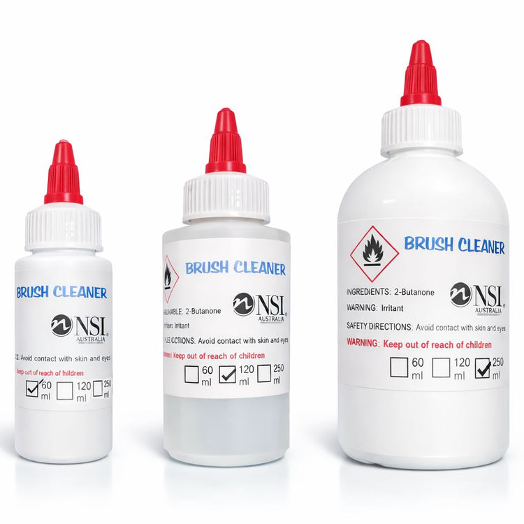 NSI Australia brush cleaner bottles in 60ml, 120ml and 250ml sizes for cleaning acrylic and gel nail brushes