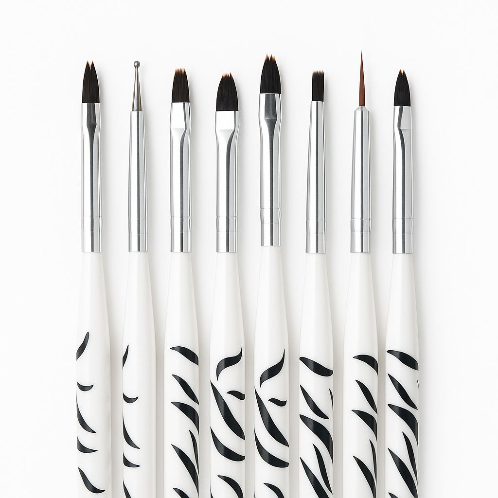 Nail Success Australia 8-piece nail art brush set — zebra short handles with liner, flat, oval, angled and dotting tool