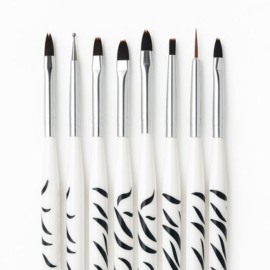 Nail Success Australia 8-piece nail art brush set — zebra short handles with liner, flat, oval, angled and dotting tool