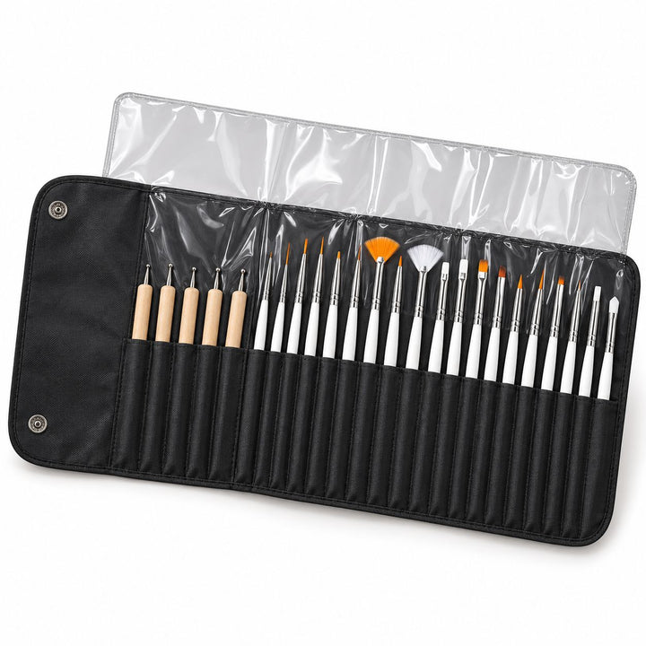 Assorted white-handled nail art brushes and wooden-handled dotting tools in an open black storage case with a clear protective flap.