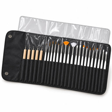 Assorted white-handled nail art brushes and wooden-handled dotting tools in an open black storage case with a clear protective flap.