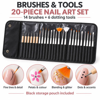 Brushes and Tools 20 piece nail art set, 14 brushes and 6 dotting tools in a black storage pouch, NSI Australia