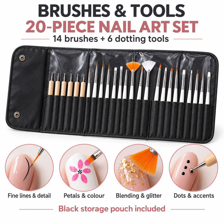 Brushes and Tools 20 piece nail art set, 14 brushes and 6 dotting tools in a black storage pouch, NSI Australia