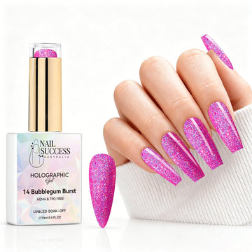 Bubblegum Burst holographic gel polish with bright pink glitter swatch and matching manicure for HEMA and TPO free salon nails