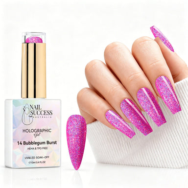 Bubblegum Burst holographic gel polish with bright pink glitter swatch and matching manicure for HEMA and TPO free salon nails