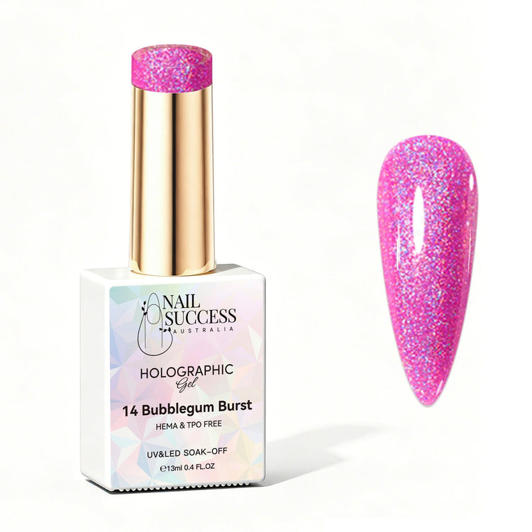 Nail Success Australia Bubblegum Burst holographic gel polish bottle with glossy bubblegum pink holographic nail colour swatch