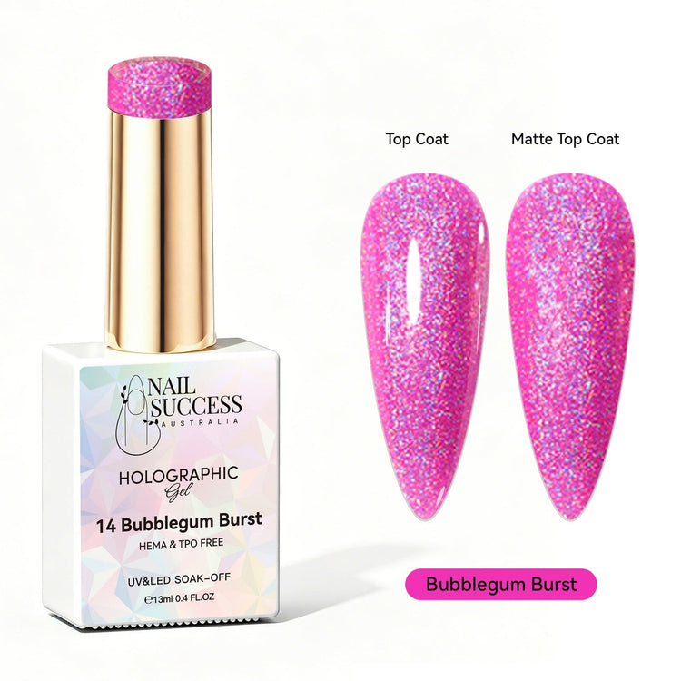 Nail Success Australia Bubblegum Burst holographic gel polish with top coat and matte top coat swatches