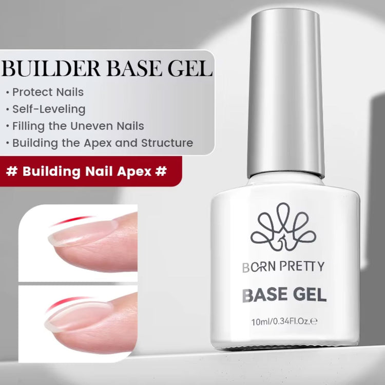 Born Pretty clear builder base gel in a 10 ml bottle with silver cap, shown beside nail images illustrating apex building.
