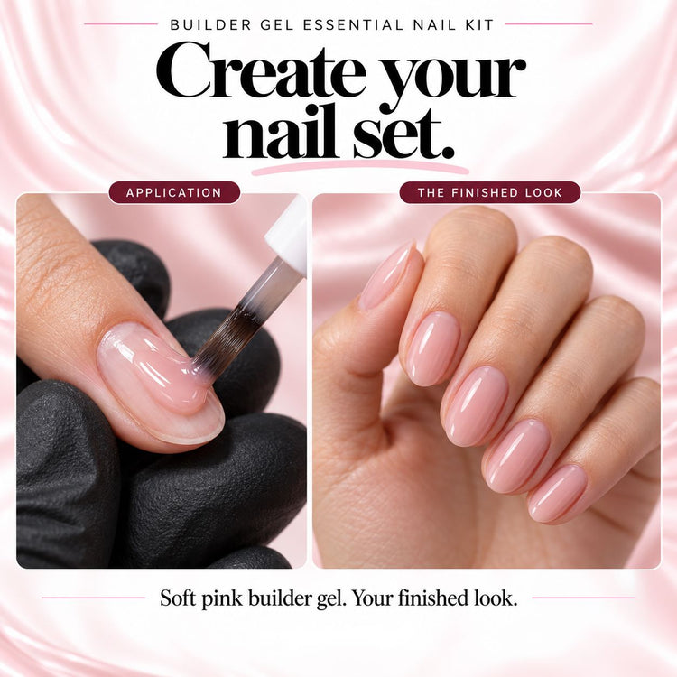 Builder Gel Essential Nail Kit illustration showing soft pink builder gel application beside a finished oval manicure.