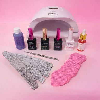 Nail Success Australia builder gel essential nail kit with UV LED nail lamp, HEMA free base gel, primer, top coat, builder gel, cuticle oil, nail files, cuticle pusher and lint-free wipes