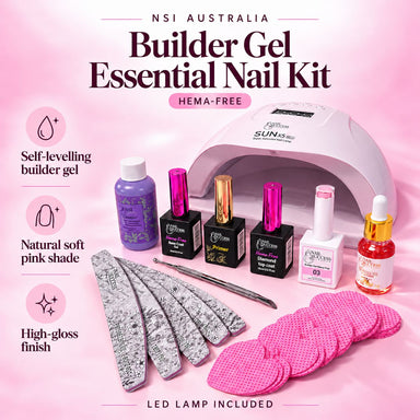 NSI Australia Builder Gel Essential Nail Kit HEMA-Free — LED lamp included, self-levelling soft pink builder gel with a high-gloss finish