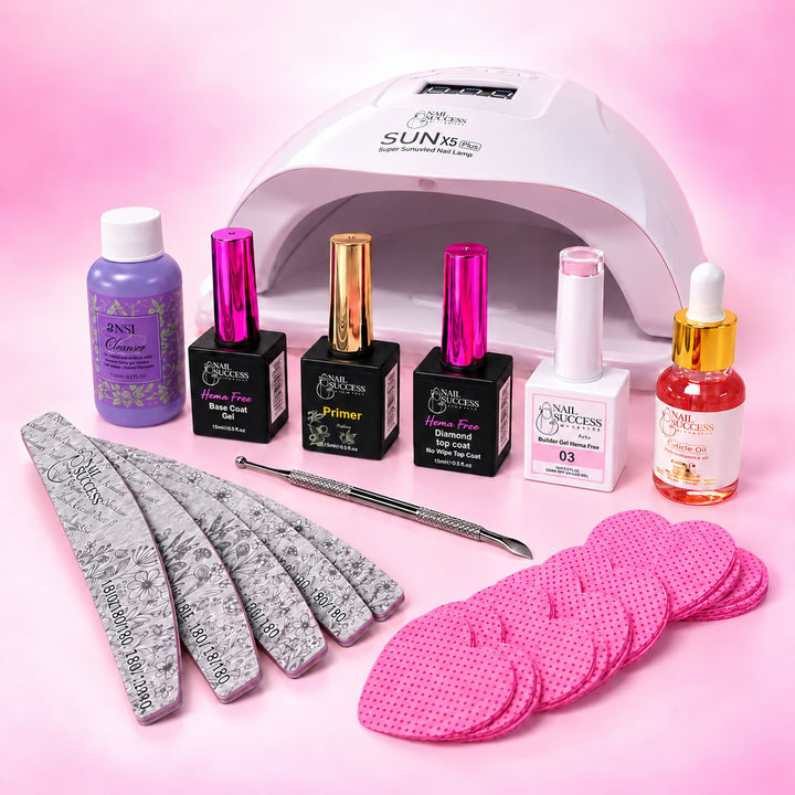 Nail Success Australia Builder Gel Essential Nail Kit HEMA-Free — LED nail lamp, soft pink builder gel, base coat, primer, top coat, cleanser, cuticle oil, files and wipes