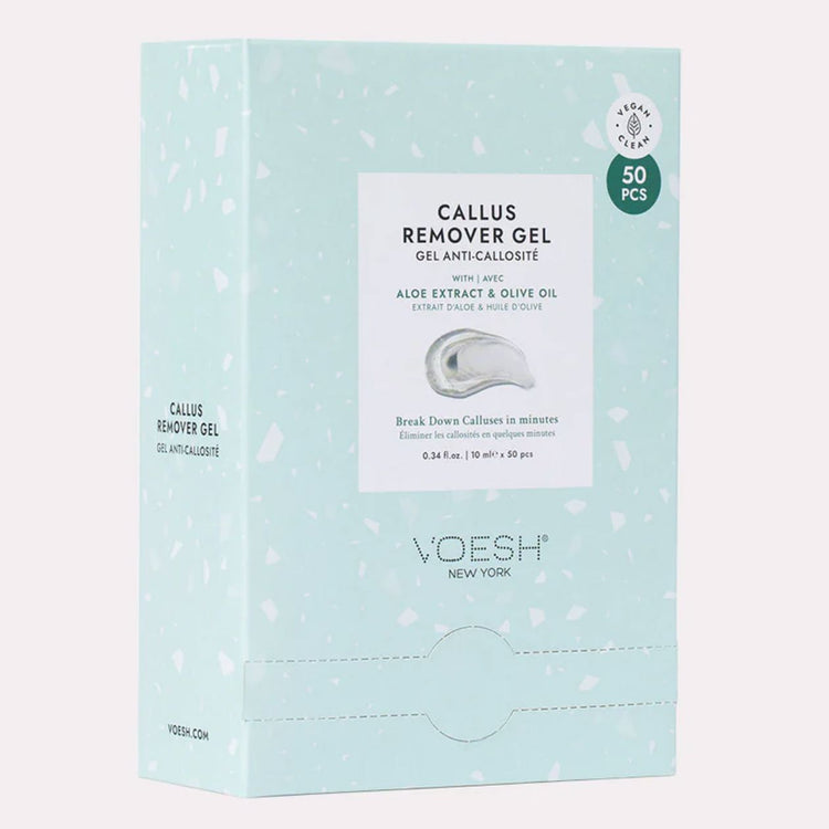 VOESH New York Callus Remover Gel box with aloe extract and olive oil, 50-piece sachet pack on white background