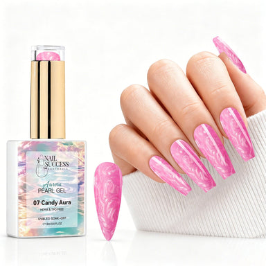 Candy Aura aurora pearl gel polish with bright pink pearl shimmer swatch and matching manicure for HEMA and TPO free salon nails
