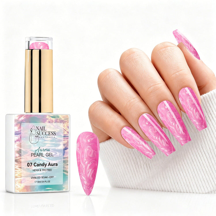 Candy Aura aurora pearl gel polish with bright pink pearl shimmer swatch and matching manicure for HEMA and TPO free salon nails