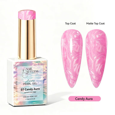 Candy Aura Aurora Pearl Gel Polish with bright pink pearl shimmer swatches in top coat and matte finish