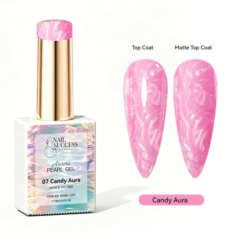 Candy Aura Aurora Pearl Gel Polish with bright pink pearl shimmer swatches in top coat and matte finish