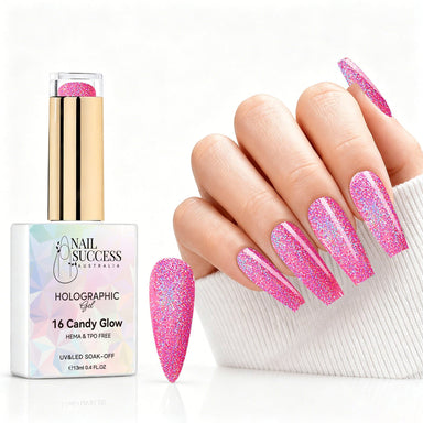 Candy Glow holographic gel polish with bright pink glitter swatch and matching manicure for HEMA and TPO free salon nails