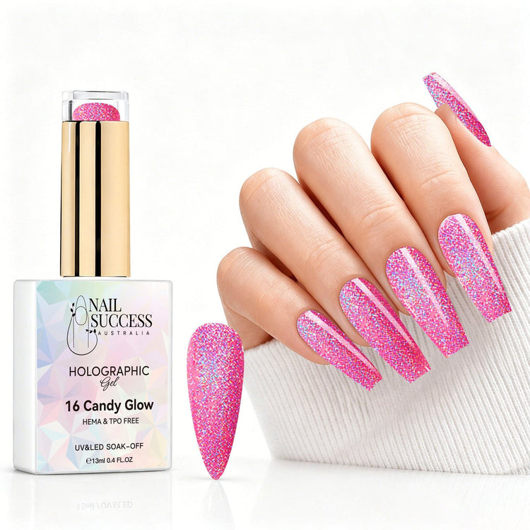 Candy Glow holographic gel polish with bright pink glitter swatch and matching manicure for HEMA and TPO free salon nails