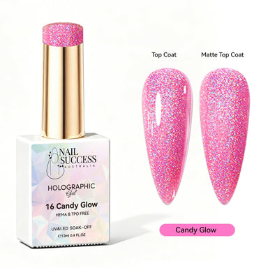 Nail Success Australia Candy Glow holographic gel polish with top coat and matte top coat swatches