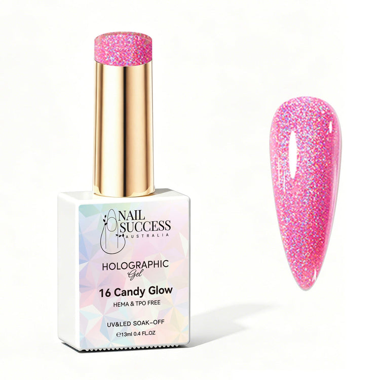Nail Success Australia Candy Glow holographic gel polish bottle with glossy pink holographic nail colour swatch