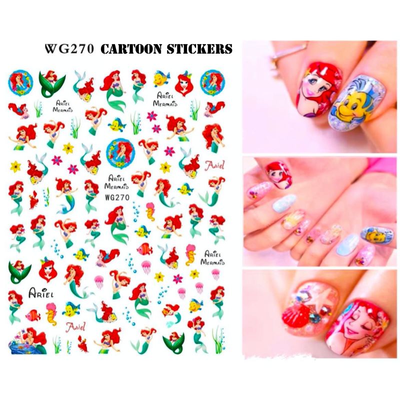 WG270 cartoon mermaid nail art sticker sheet with colourful sea-themed decals and sample manicure photos